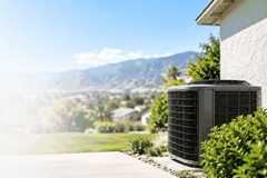 Outdoor air conditioning condenser beside a residential house